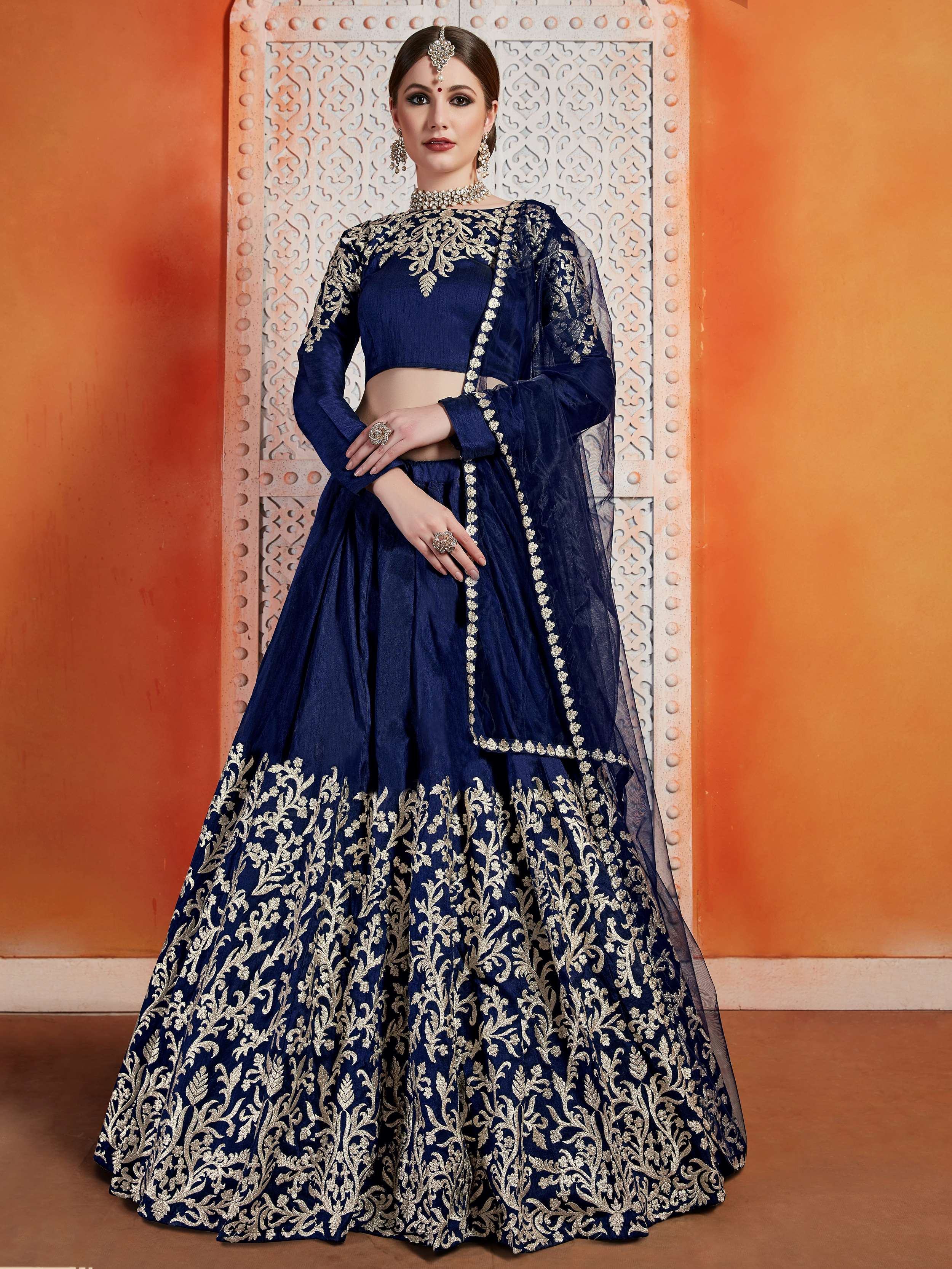Amazing Navy Blue Zari Embroidered Art Silk Wedding Lehenga Choli