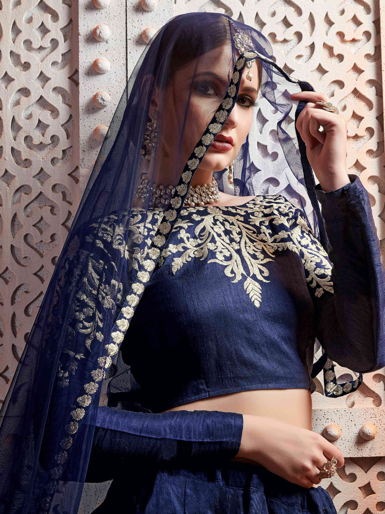 Amazing Navy Blue Zari Embroidered Art Silk Wedding Lehenga Choli