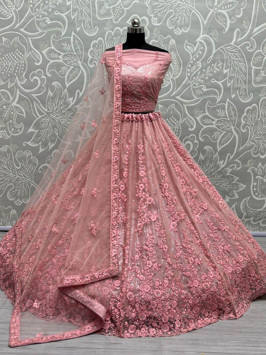 Beautiful Peach Zircon Diamond Work Net Lehenga Choli