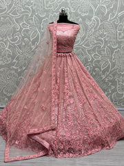 Beautiful Peach Zircon Diamond Work Net Lehenga Choli