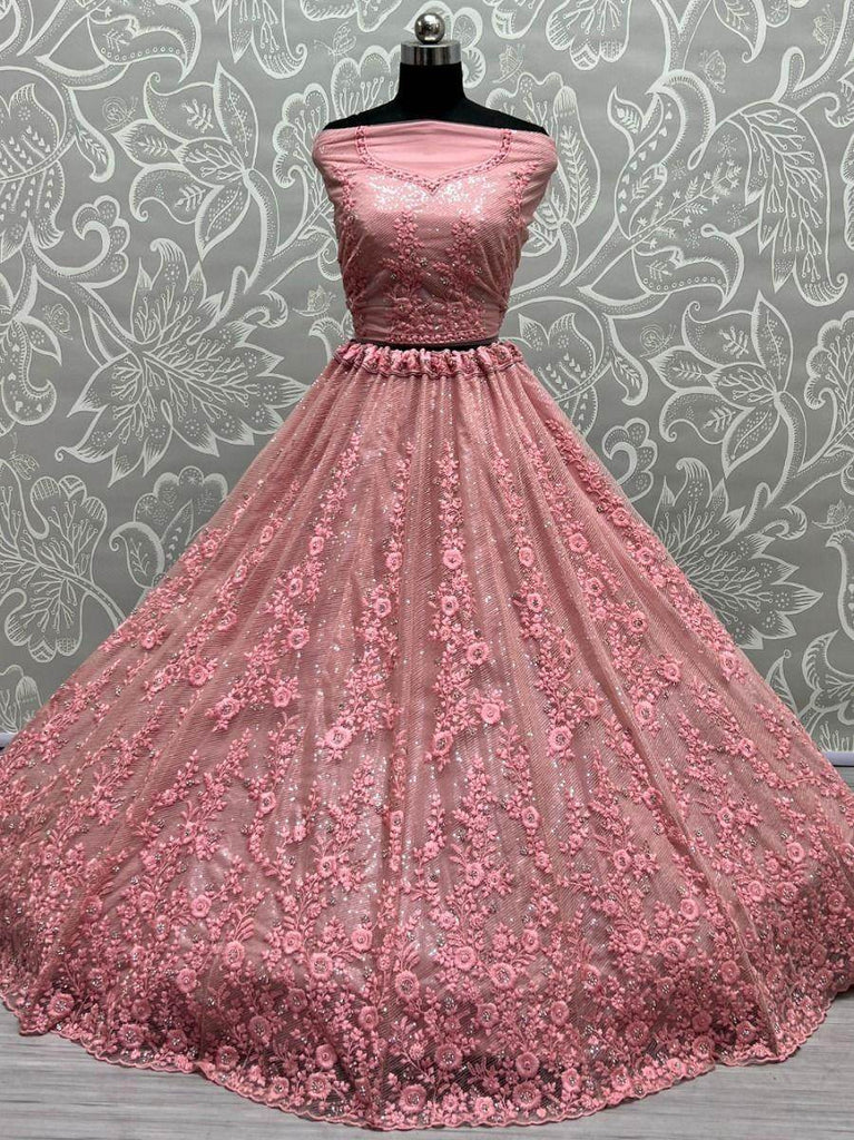 Beautiful Peach Zircon Diamond Work Net Lehenga Choli