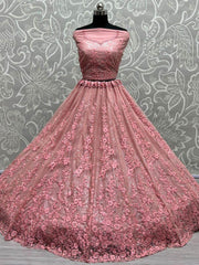 Beautiful Peach Zircon Diamond Work Net Lehenga Choli