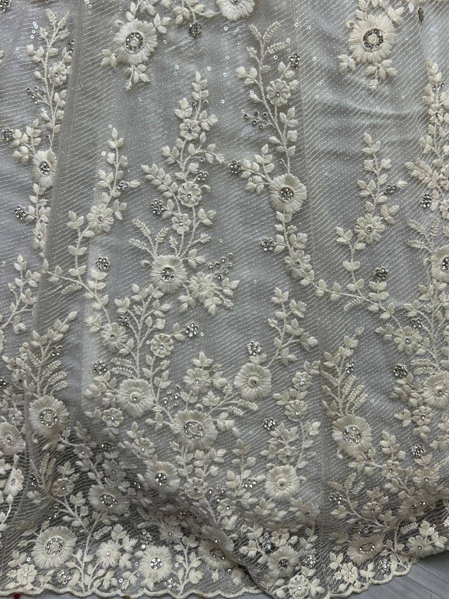 Cream floral embroidered net fabric with sequins for designer lehenga or ethnic gown