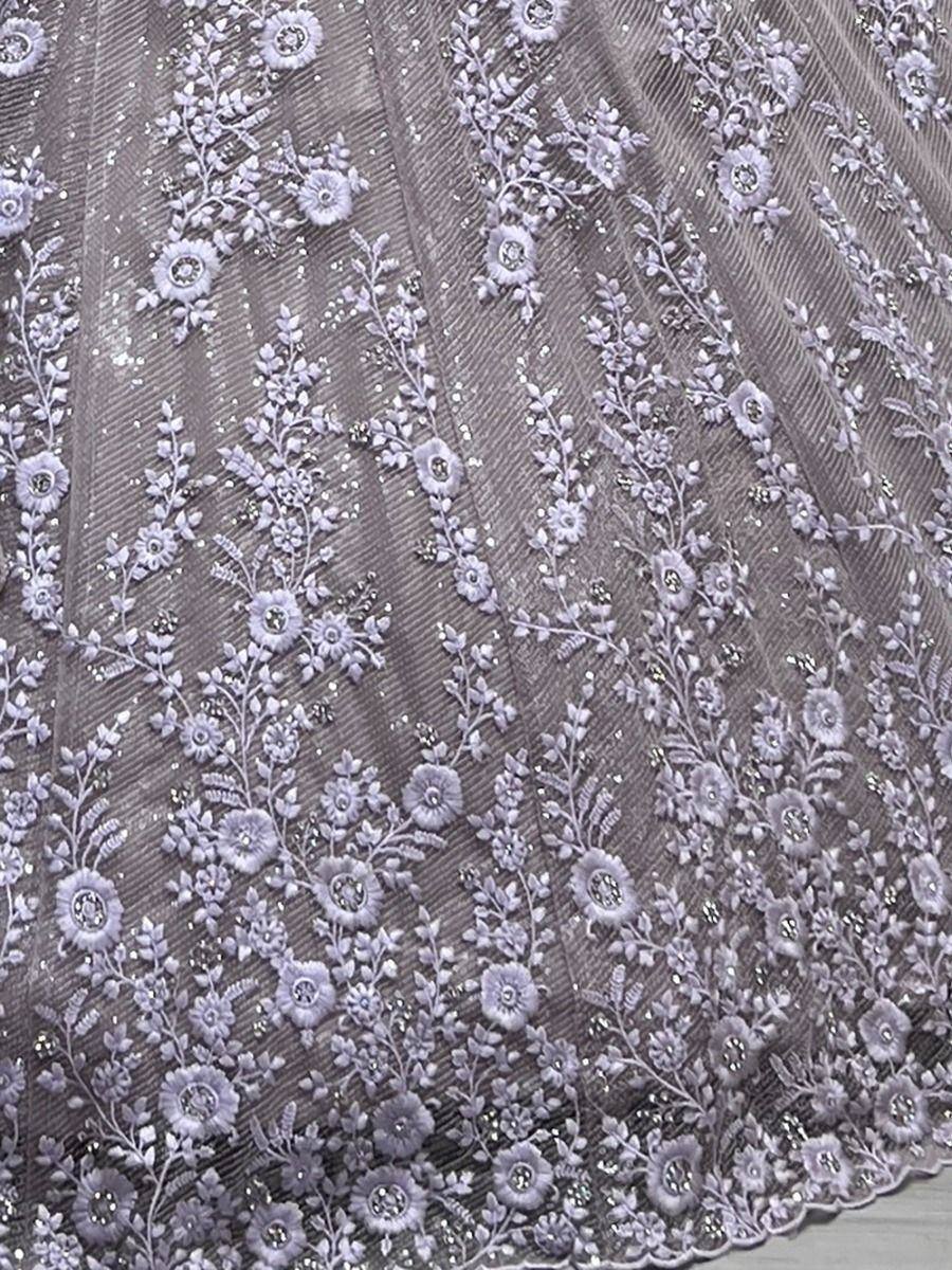 Lavender floral embroidery with sequins on sheer fabric for ethnic wear