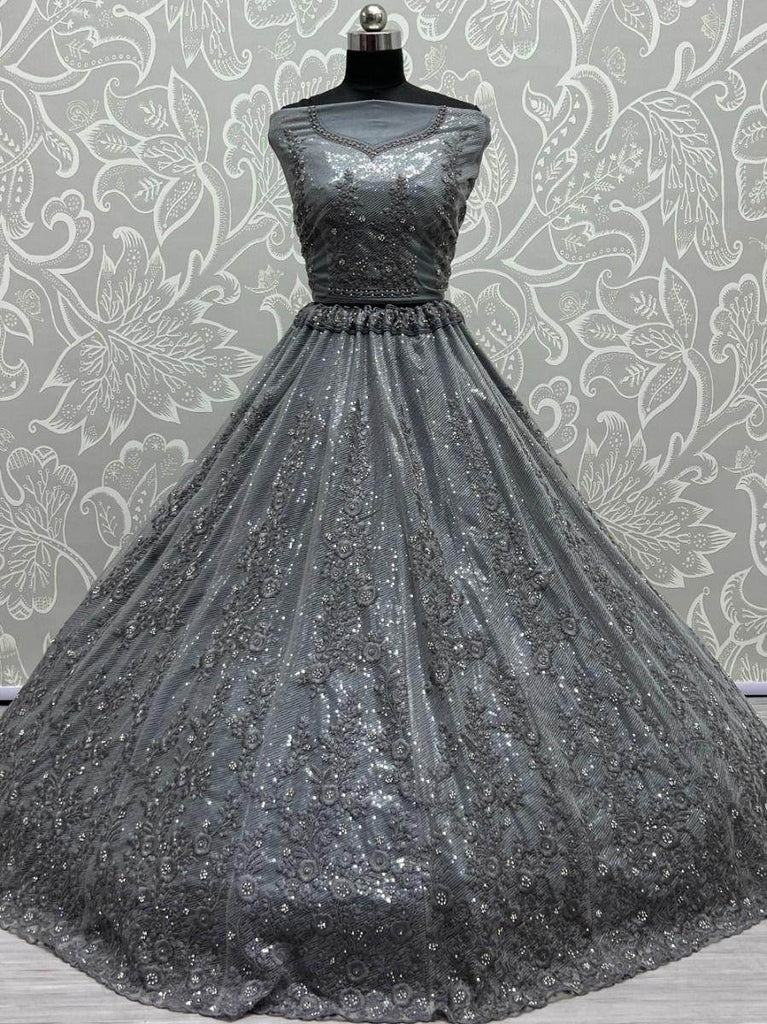Outstanding Grey Zircon Diamond Work Net Lehenga Choli
