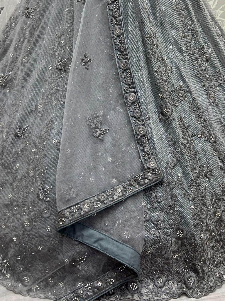 Outstanding Grey Zircon Diamond Work Net Lehenga Choli