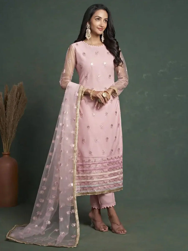 Alluring Light Pink Embroidered Net Party Wear Salwar Kameez