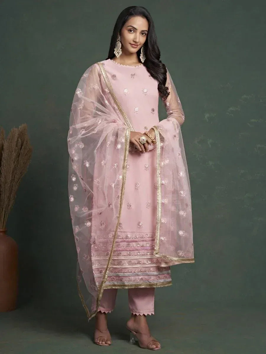 Pink embroidered salwar kameez with sheer dupatta, ethnic Indian wear for women