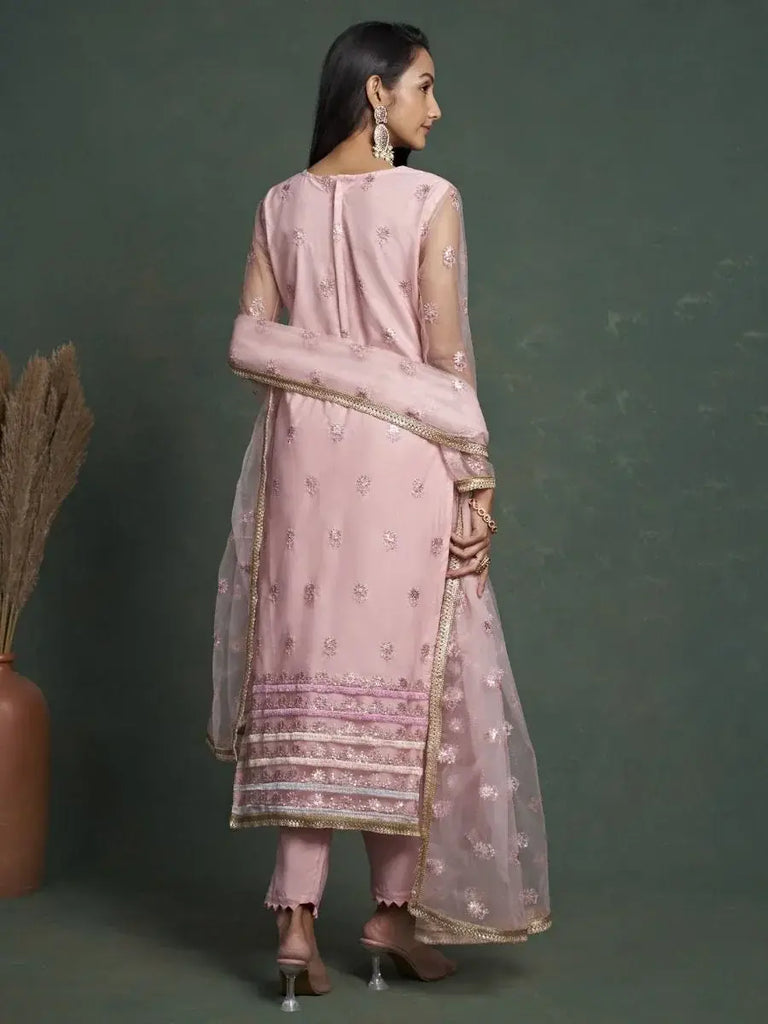 Alluring Light Pink Embroidered Net Party Wear Salwar Kameez