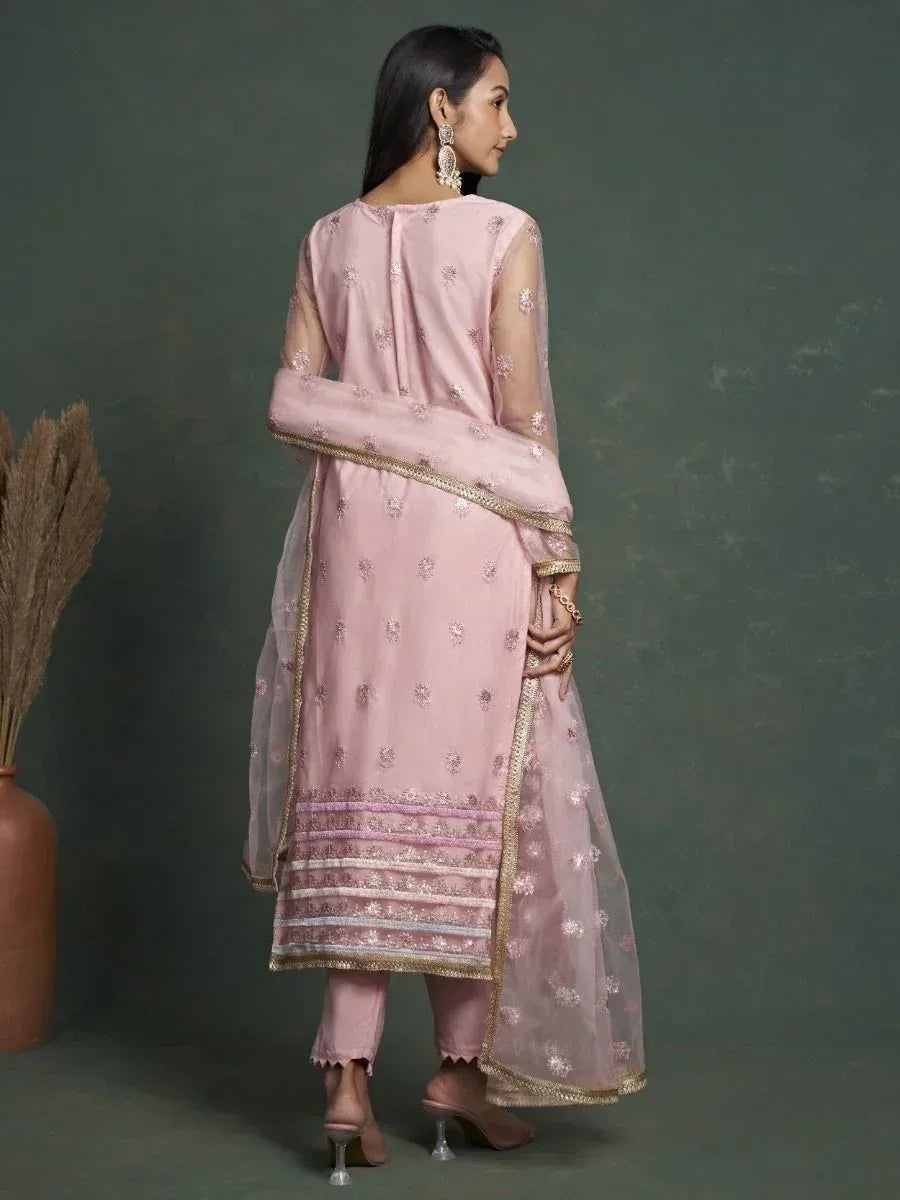 Pink embroidered salwar kameez with sheer dupatta, ethnic Indian wear for women
