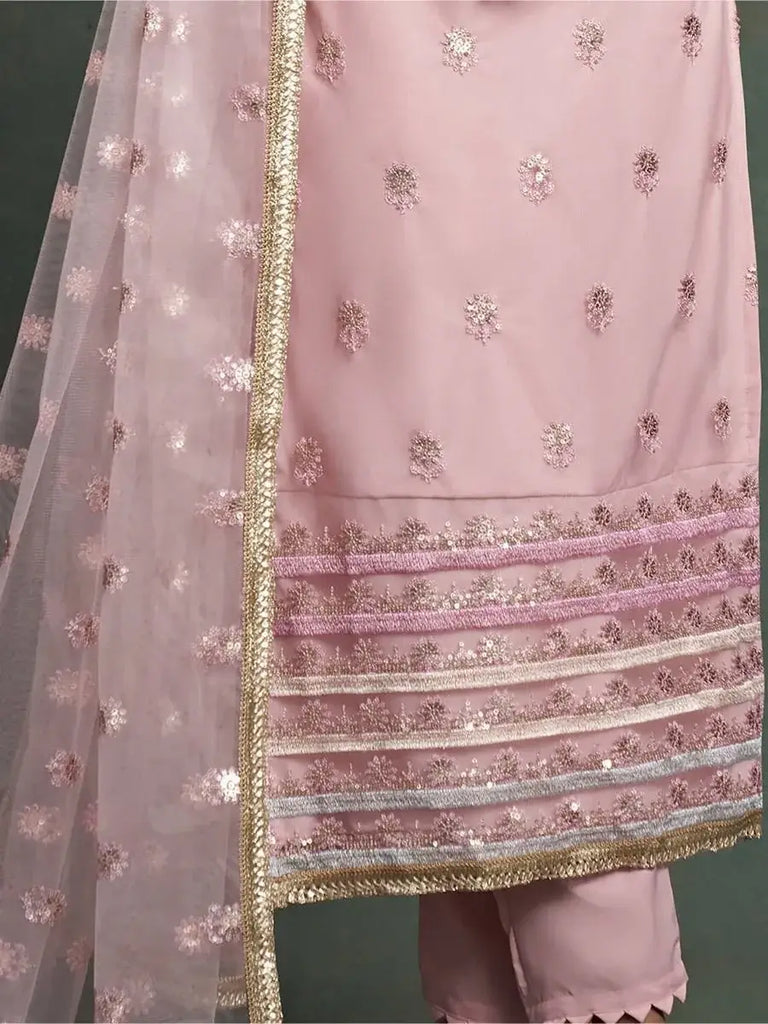 Alluring Light Pink Embroidered Net Party Wear Salwar Kameez