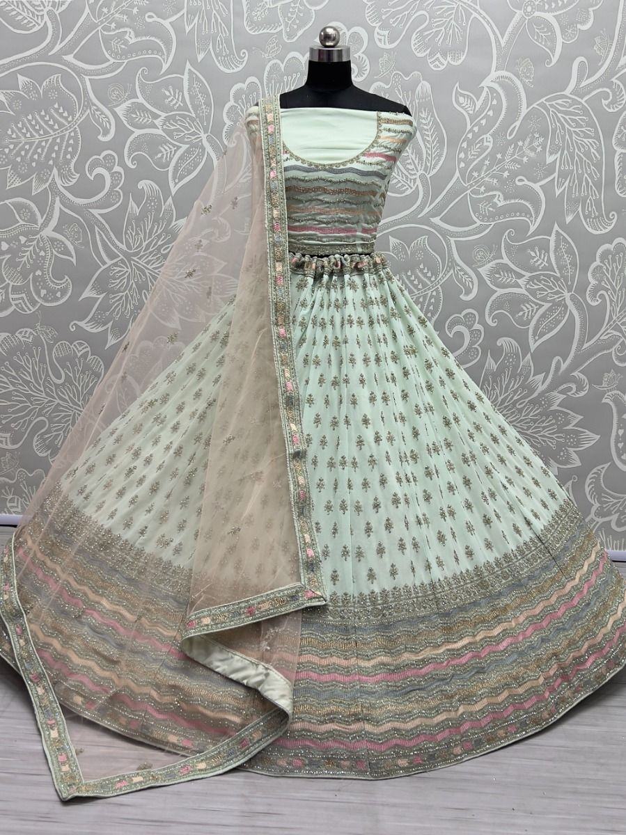 Alluring Sea-Green Zari Metallic Embroidered Georgette Lehenga Choli