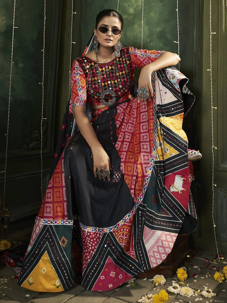 Beautiful Black Mirror Work Cotton Navratri Lehenga Choli With Dupatta