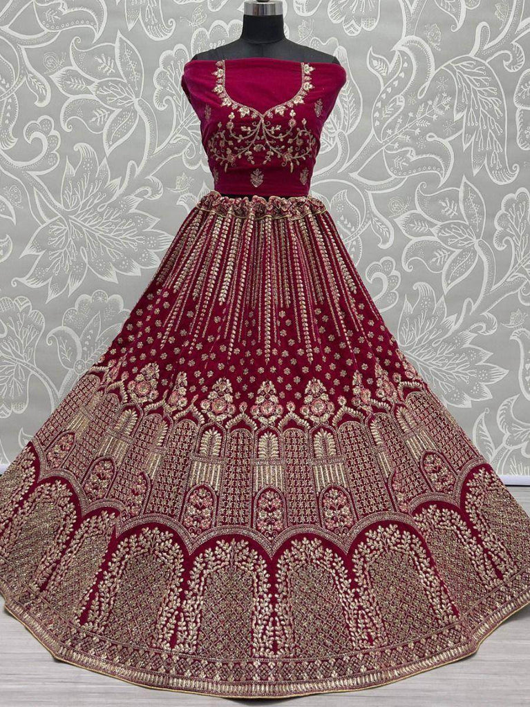 Alluring Pink Multi-Thread Embroidered Velvet Lehenga Choli