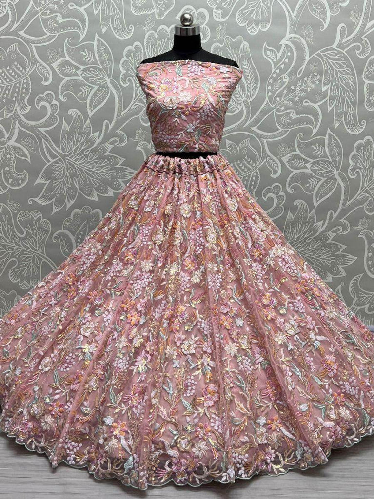 Majestic Peach Multi-Thread Embroidered Net Lehenga Choli