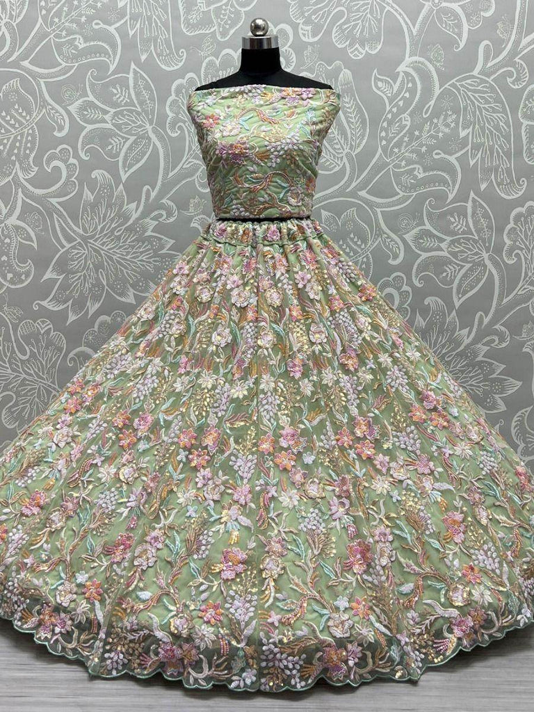 Magnific Light Green Multi-Thread Embroidered Net Lehenga Choli