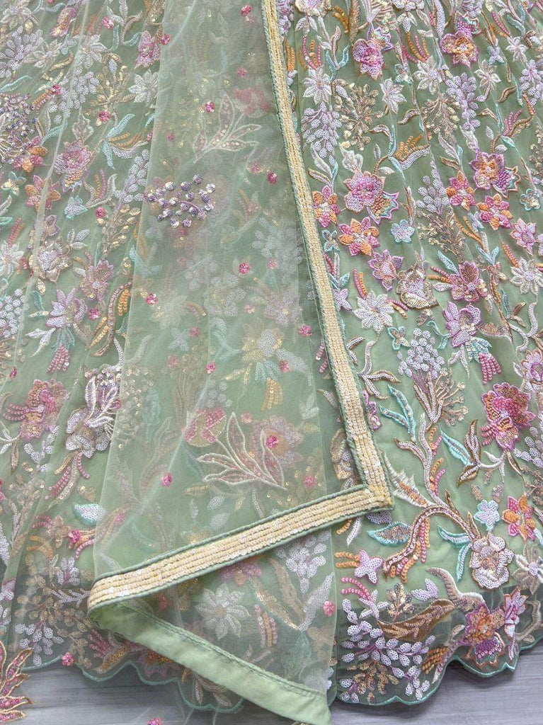 Magnific Light Green Multi-Thread Embroidered Net Lehenga Choli