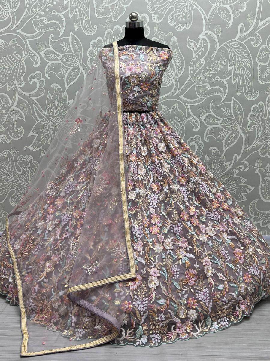 Stunning Beige Multi-Thread Embroidered Net Lehenga Choli