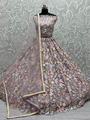 Stunning Beige Multi-Thread Embroidered Net Lehenga Choli