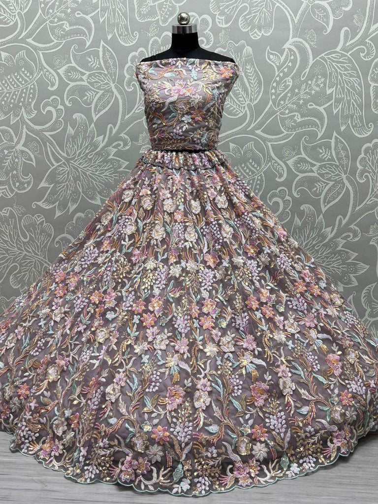Stunning Beige Multi-Thread Embroidered Net Lehenga Choli