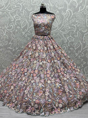 Stunning Beige Multi-Thread Embroidered Net Lehenga Choli