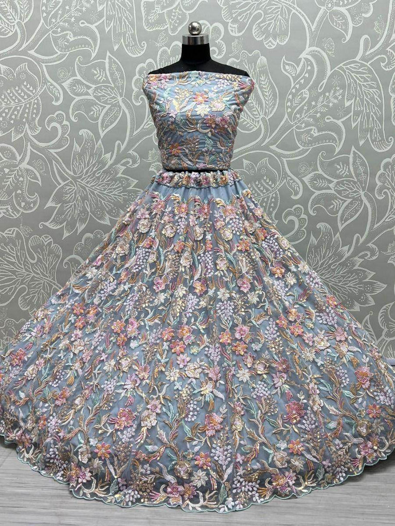 Lovely Sky-Blue Multi-Thread Embroidered Net Lehenga Choli