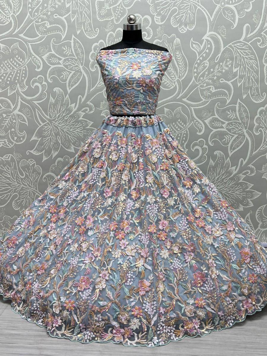 Blue floral embroidered ethnic gown with off-shoulder design, perfect for Indian weddings and parties