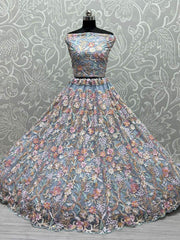 Lovely Sky-Blue Multi-Thread Embroidered Net Lehenga Choli