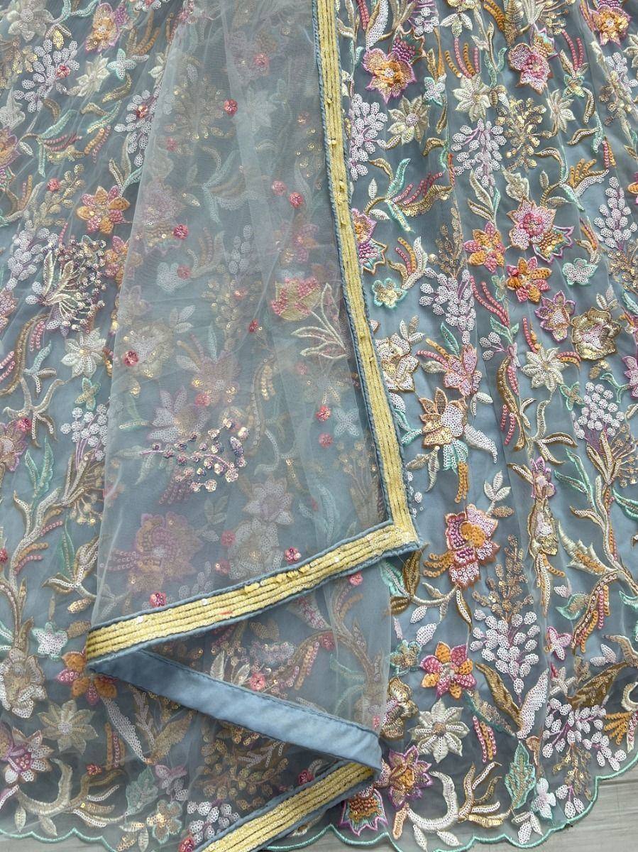 Grey floral embroidered lehenga with gold trim and sheer dupatta, Indian ethnic wear