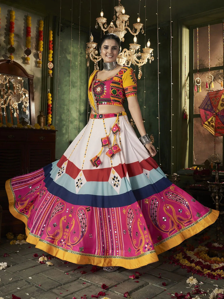Adorable White Mirror Work Cotton Navratri Wear Lehenga Choli