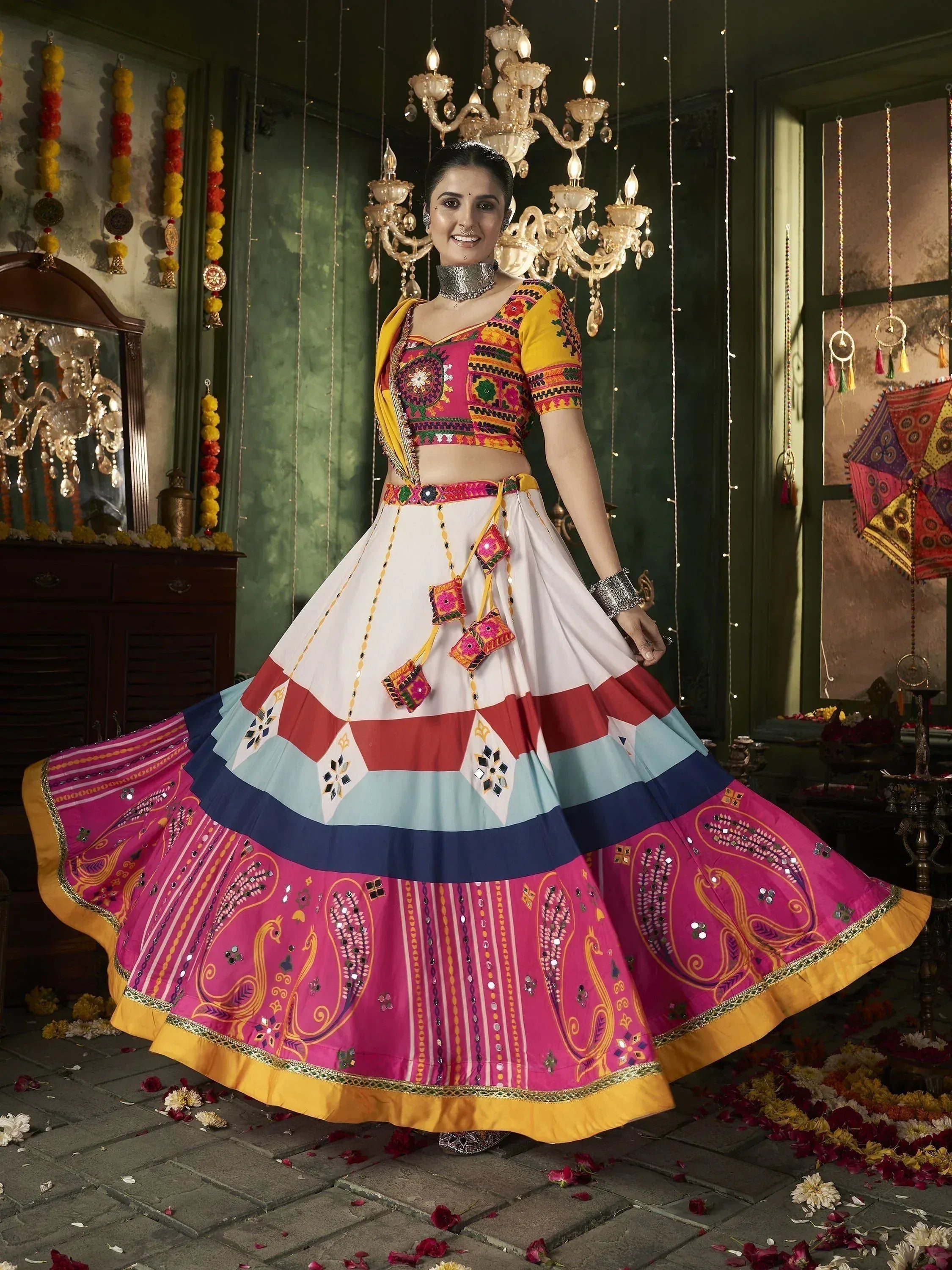 Vibrant Indian ethnic lehenga choli with colorful embroidery and mirror work, perfect for festive occasions.