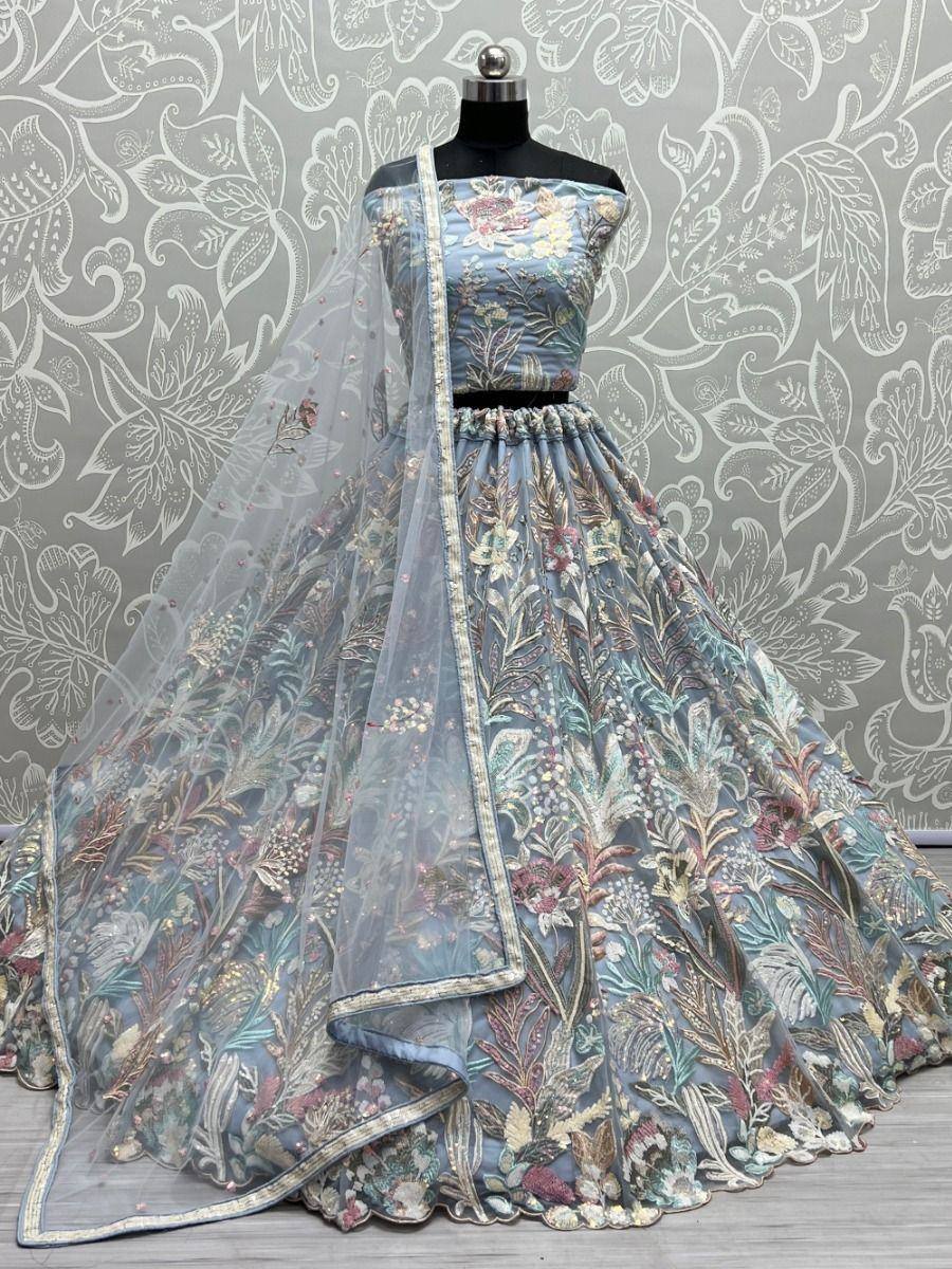 Blue floral embroidered lehenga choli with sheer dupatta, ethnic Indian wedding wear