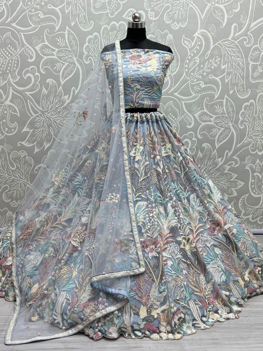 Ravishing Sky Blue Multi-Thread Embroidered Net Lehenga Choli