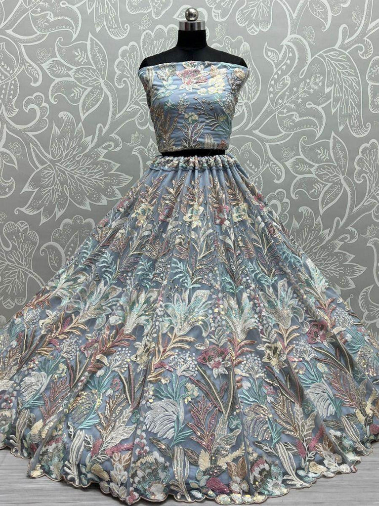 Ravishing Sky Blue Multi-Thread Embroidered Net Lehenga Choli