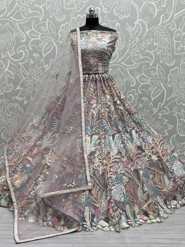 Astonishing Beige Multi-Thread Embroidered Net Lehenga Choli