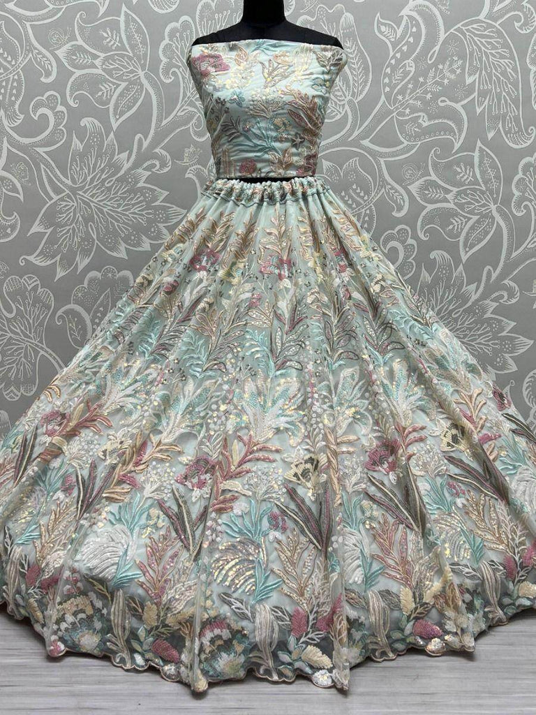 Fantastic Sea Green Multi-Thread Embroidered Net Lehenga Choli