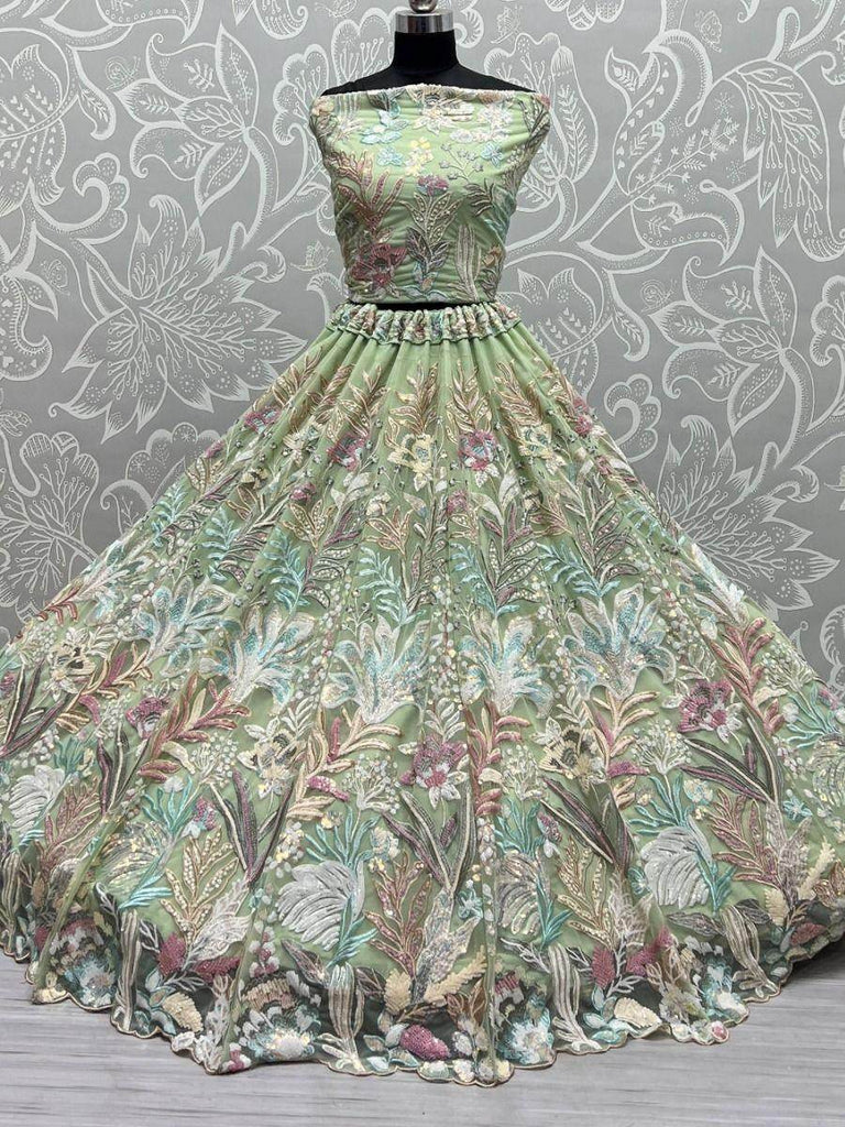 Imaginary Light-Green Multi-Thread Embroidered Net Lehenga Choli