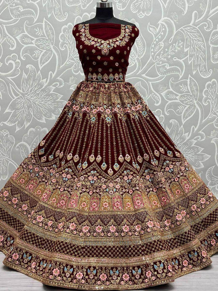 Attractive Maroon Embroidered Wedding Wear Velvet Lehenga Choli