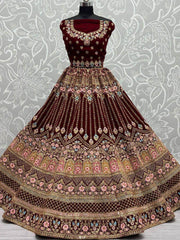 Attractive Maroon Embroidered Wedding Wear Velvet Lehenga Choli