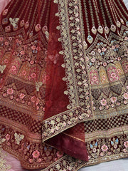 Attractive Maroon Embroidered Wedding Wear Velvet Lehenga Choli