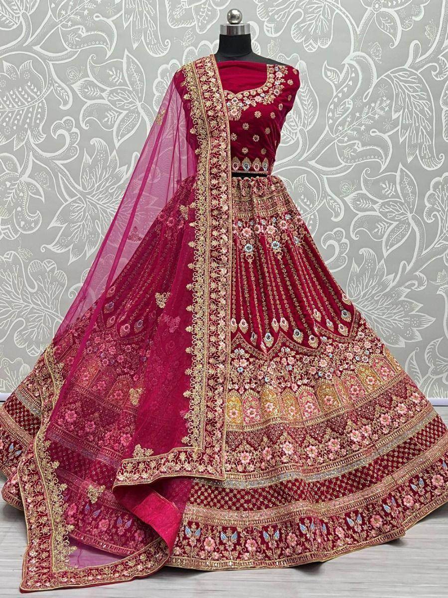 Incredible Rani Pink Embroidered Bridal Velvet Lehenga Choli