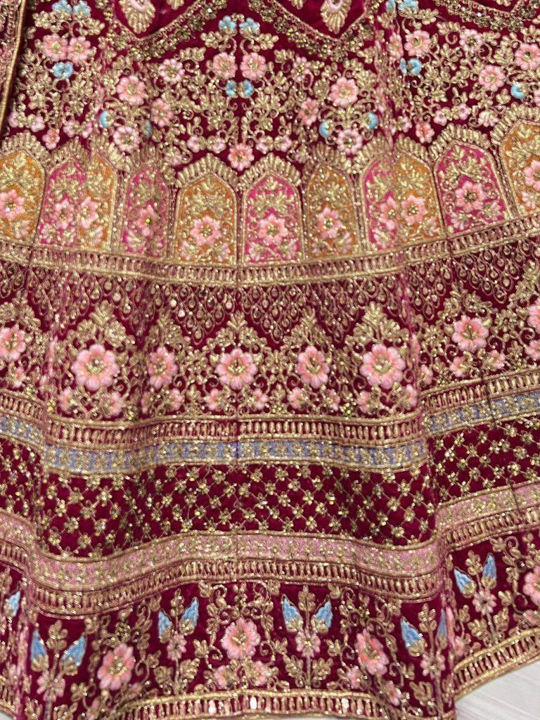 Incredible Rani Pink Embroidered Bridal Velvet Lehenga Choli