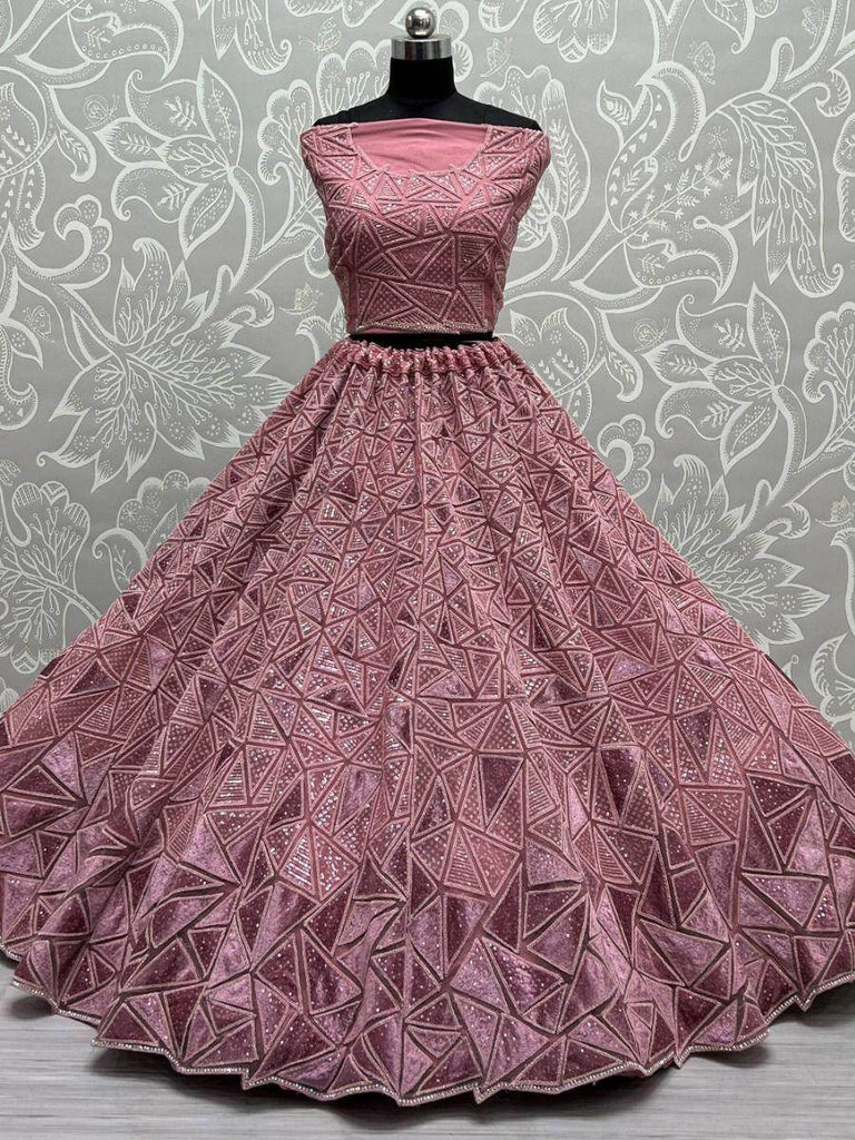 Mesmerizing Peach Sequins Embroidered Net Lehenga Choli