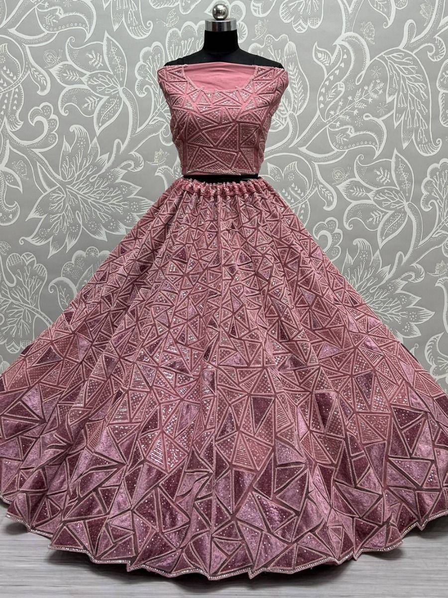 Pink designer lehenga choli with geometric embroidery, perfect for Indian ethnic wear events