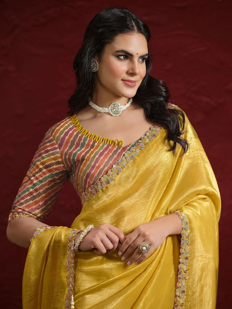 Appealing Mustard Sequence Paper Silk Wedding Wear Saree With Blouse