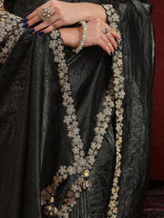 Majestic Black Moti Work Paper Silk Function Wear Saree With Blouse