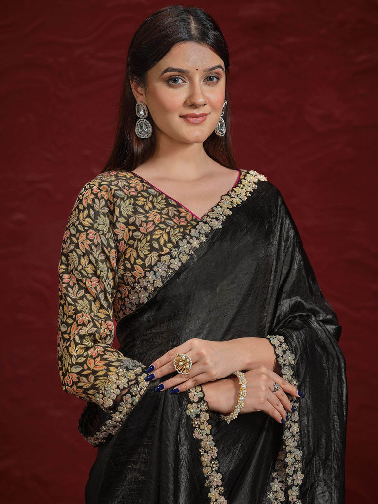 Majestic Black Moti Work Paper Silk Function Wear Saree With Blouse