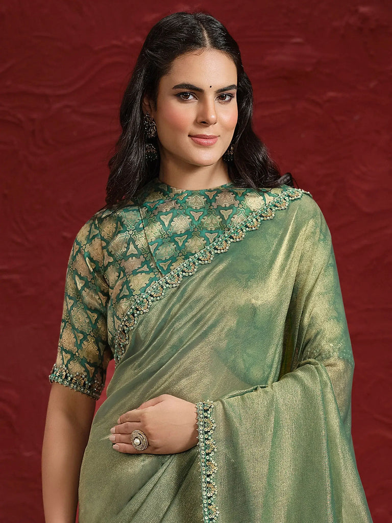 Adorable Green Sequence Silk Festival Wear Saree With Blouse