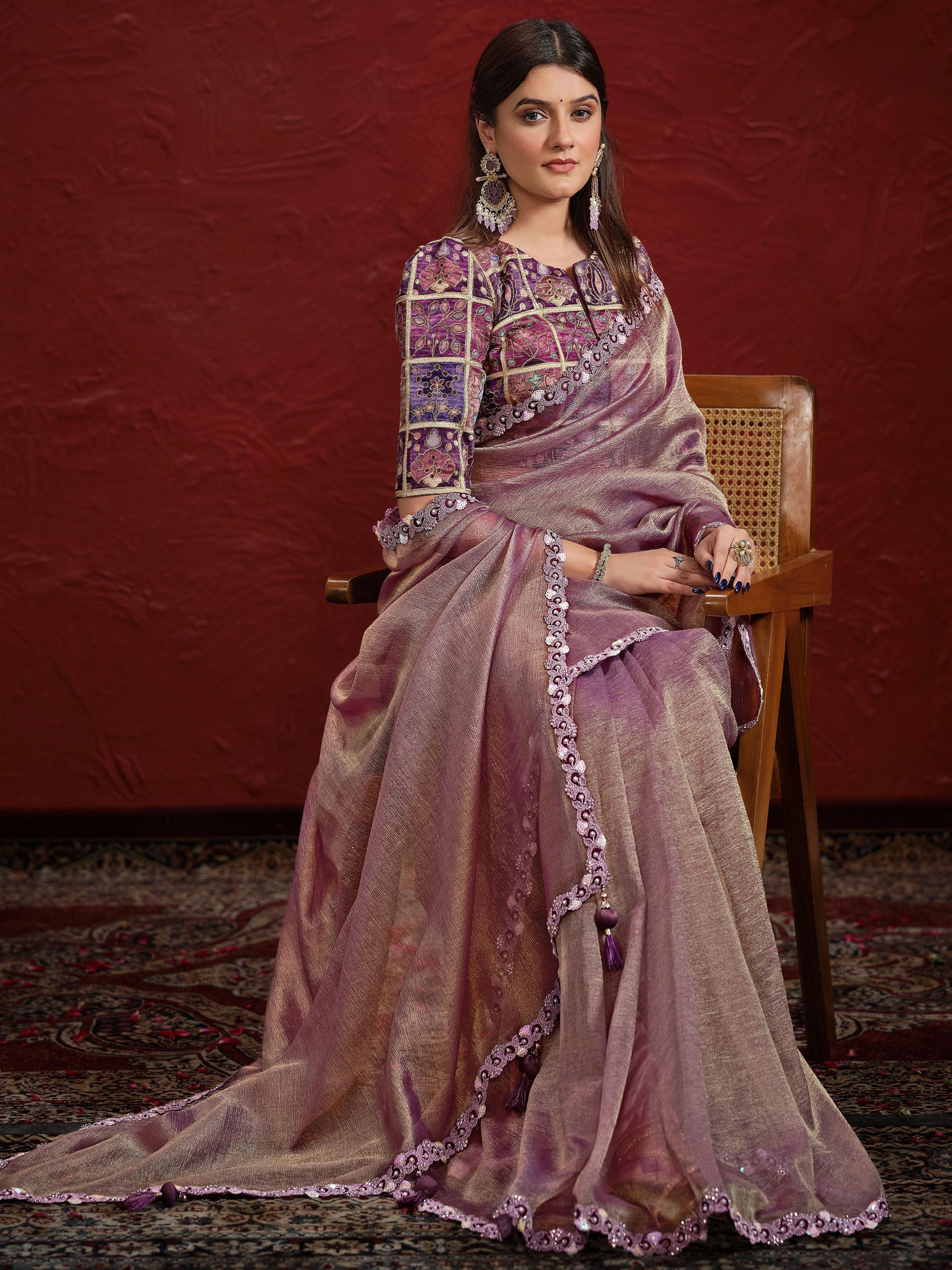 Charming Purple Sequence Silk Wedding Wear Saree With Blouse