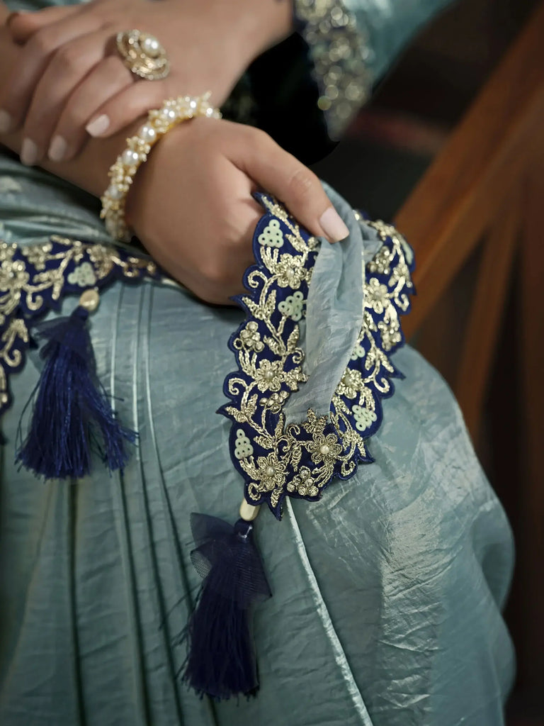 Precious Sea Green Moti Work Paper Silk Event Wear Saree With Blouse